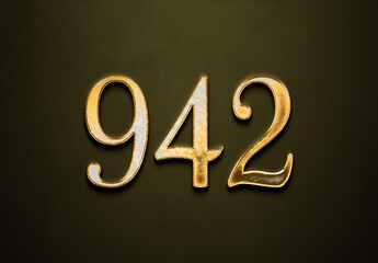 Old gold effect of 942 number with 3D glossy style Mockup.	