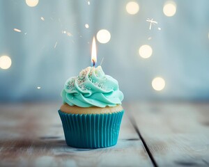 A cupcake with blue frosting and a single candle on a wooden table against a backdrop of out of focus lights.