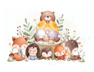Watercolor Illustration Cute Woodland Animals with Leaves and Mushrooms
