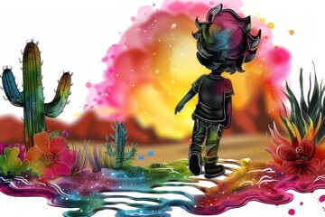A boy walking through a desert. The sky is a rainbow of colors. The ground is covered in flowers and cacti.
