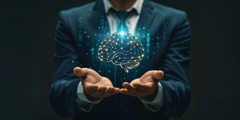 businessman holding up both hands showing visual of AI word brain