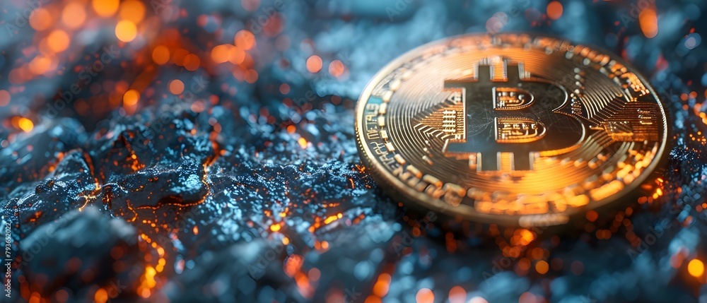 Poster bitcoin hologram representing worldwide digital currency transactions in advanced trading setting. c
