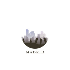 Madrid cityscape, gradient vector badge, flat skyline logo, icon. Spain capital city round emblem idea with landmarks and building silhouettes. Isolated graphic