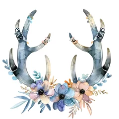  Watercolor deer horns with flowers isolated on white.Boho design. Tribal decorative © Oksana