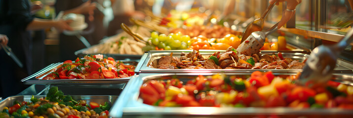 A diverse buffet spread with various types of food, including salads, meats, and desserts