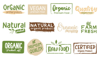 Organic food and nature product for food and drink stickers, badges, tags and sign. Organic and healthy life products promotion.