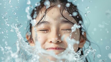 Asian teenager in a soft-lit studio, playful, splashing water on her face, feeling fresh and energetic, styled as clear, realisticgraphy. - Powered by Adobe