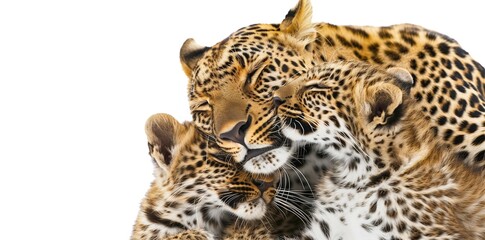 Mother Leopard Grooming Playful Cubs Against White Background