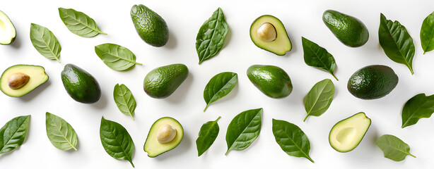 Ripe fresh avocado and spinach leaves isolated on white background.
