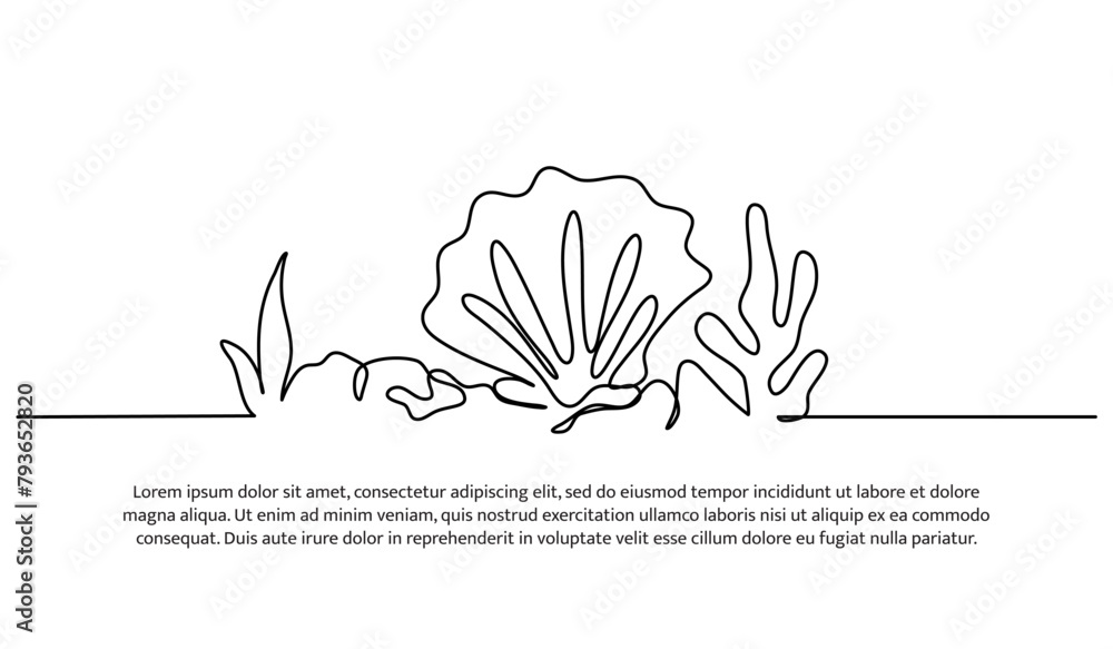 Poster continuous line design of reefs ocean diversity. single line decorative elements drawn on a white ba