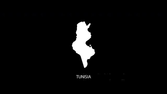Digital revealing and zooming in on Tunisia Country Map Alpha video with Country Name revealing background | Tunisia country Map and title revealing alpha video for editing template conceptual