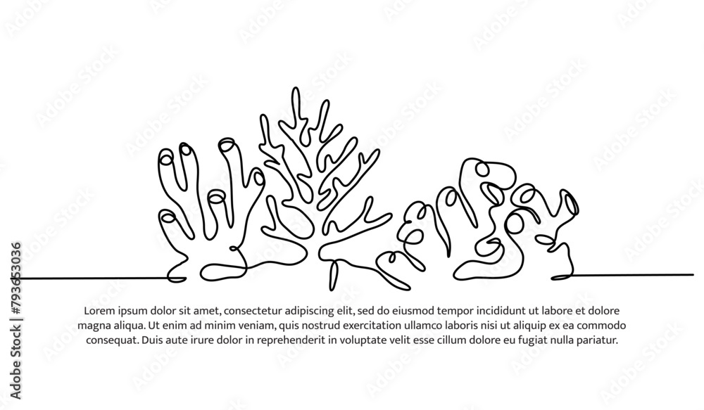 Poster continuous line design of reefs ocean diversity. single line decorative elements drawn on a white ba
