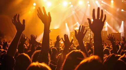Many people in the public raising their hands at a concert or party. Concept of party and people having a good time.
