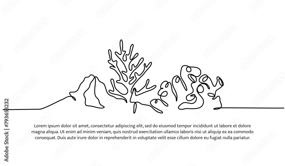 Poster continuous line design of reefs ocean diversity. single line decorative elements drawn on a white ba