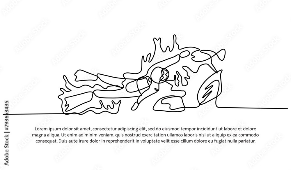 Poster continuous line design of exploring diving around coral reefs. single line decorative elements drawn