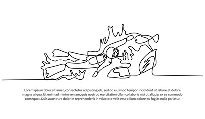 Continuous line design of   exploring diving around coral reefs. Single line decorative elements drawn on a white background.