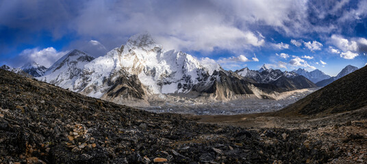 Panorama over Khumbu glacier below Kalla patthar viewpoint in Kumbu region, Nepal