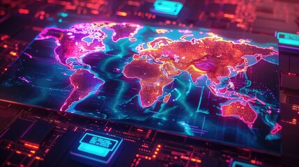 Global Tech Hub World Map with Laptops and Tech Icons