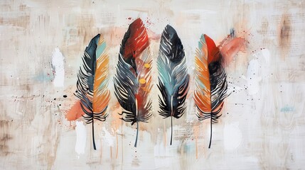 Dreamy boho feathers evoking a sense of wanderlust on a blank white canvas