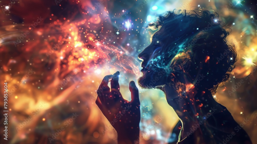 Poster astrophysicist in a simulation room, curious, interacting with a 3d model of the universe, captivate