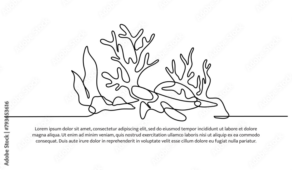 Poster continuous line design of turtles live in the sea. single line decorative elements drawn on a white 