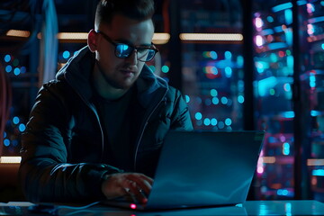 young man work on a laptop in a server room