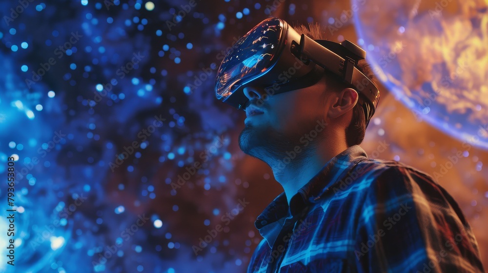 Poster astrophysicist in a simulation room, curious, interacting with a 3d model of the universe, captivate