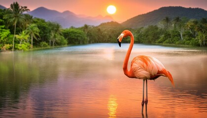  Pink flamingo in the water