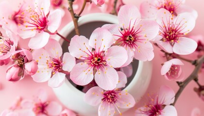 Minimalist white vase with elegant pink cherry blossoms on soft pastel background, space for text