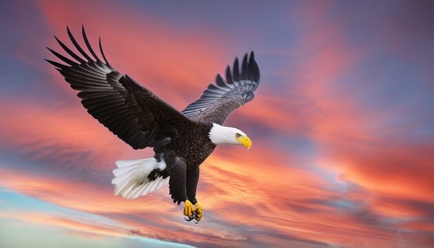 Compose an image showcasing the graceful flight of a majestic bald eagle, soaring effortlessly against a backdrop of crimson-hued sunset clouds."