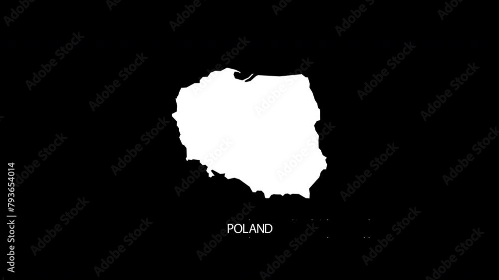 Poster digital revealing and zooming in on poland country map alpha video with country name revealing backg
