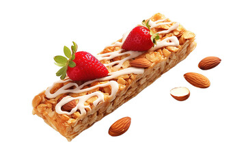 Granola bar with fresh; strawberries and white chocolate isolated on a Transparent background. Generative AI