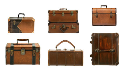 Collection of Vintage brown suitcase on white background.png