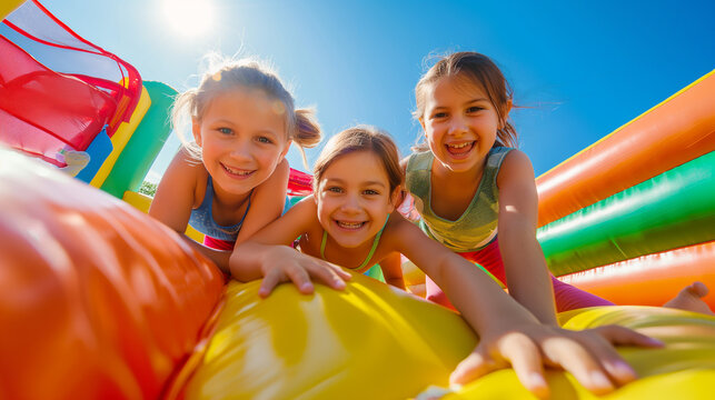 children are playing in the inflatable bounce house on a very bright sunny day