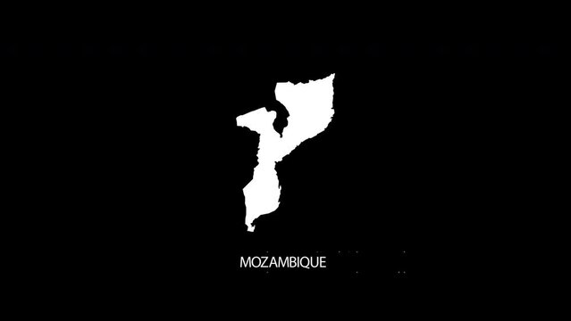 Digital revealing and zooming in on Mozambique Country Map Alpha video with Country Name revealing background | Mozambique country Map and title revealing alpha video for editing template conceptual