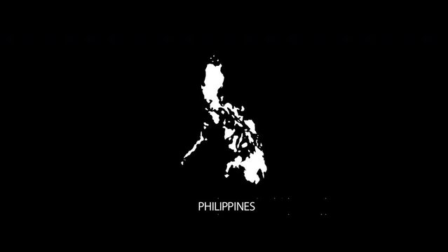 Digital revealing and zooming in on Philippines Country Map Alpha video with Country Name revealing background | Philippines country Map and title revealing alpha video for editing template conceptual