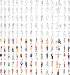 Fototapeta na wymiar people set, sketch collection, people in flat style on white background vector