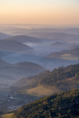 Aerial morning shot of hilly terrain of Drahanská vrchovina, czech republic
