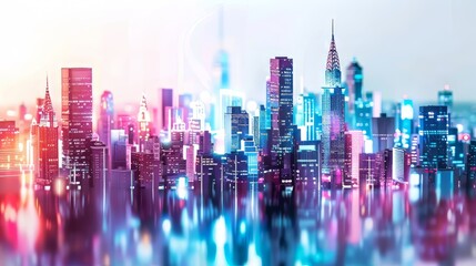 Dynamic neon-lit skylines depicting the hustle and bustle of city life against a pristine white background