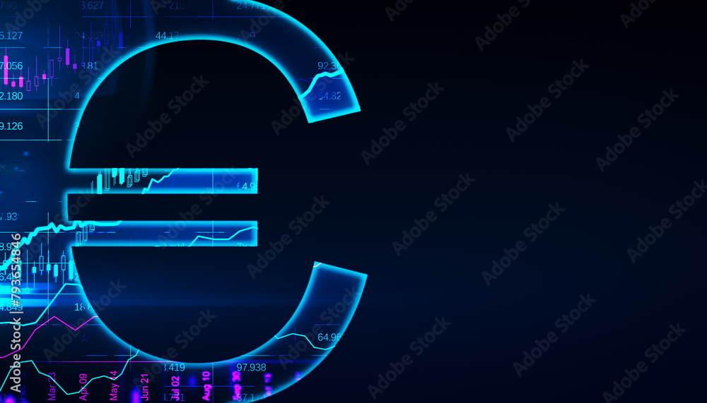Poster creative tech euro sign on dark backdrop with mock up place. crypto, online banking, digital transfo