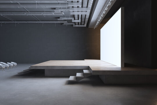 Minimalistic event space with large white screen and shadow play on walls. 3D Rendering