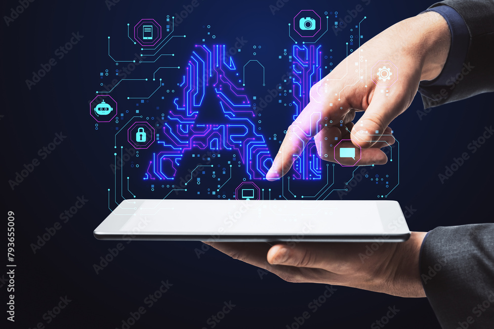 Aufkleber close up of businessman hand using smartphone with glowing blue ai hologram on dark background. arti