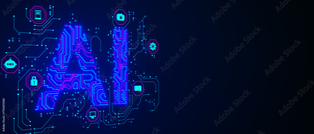 Poster creative glowing blue ai hologram on wide dark background with mock up place. artificial intelligenc