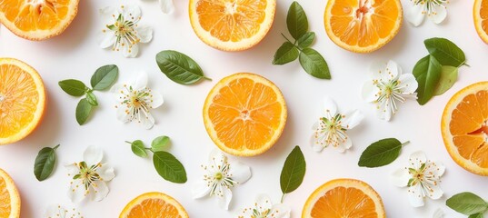 Fresh sliced oranges with blossoms and green leaves on white background, vibrant citrus fruit
