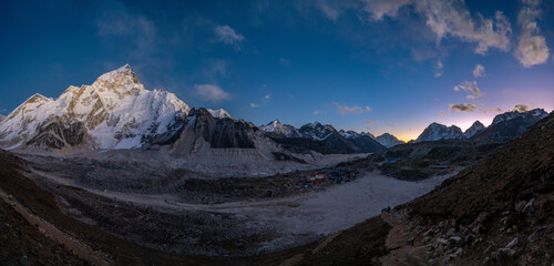 Panoramic view over Khumbu glacier, gorak shep village, Everest base camp, Nuptse and Lhotse after sunset, 