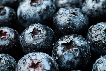 Ripe sweet blueberries. Fresh blueberries background. Vegan and vegetarian concept. Macrotexture of blueberries. Texture of blueberries close-up