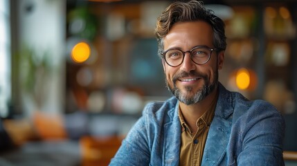 Man With Glasses Sitting at Table looking in camera - obrazy, fototapety, plakaty