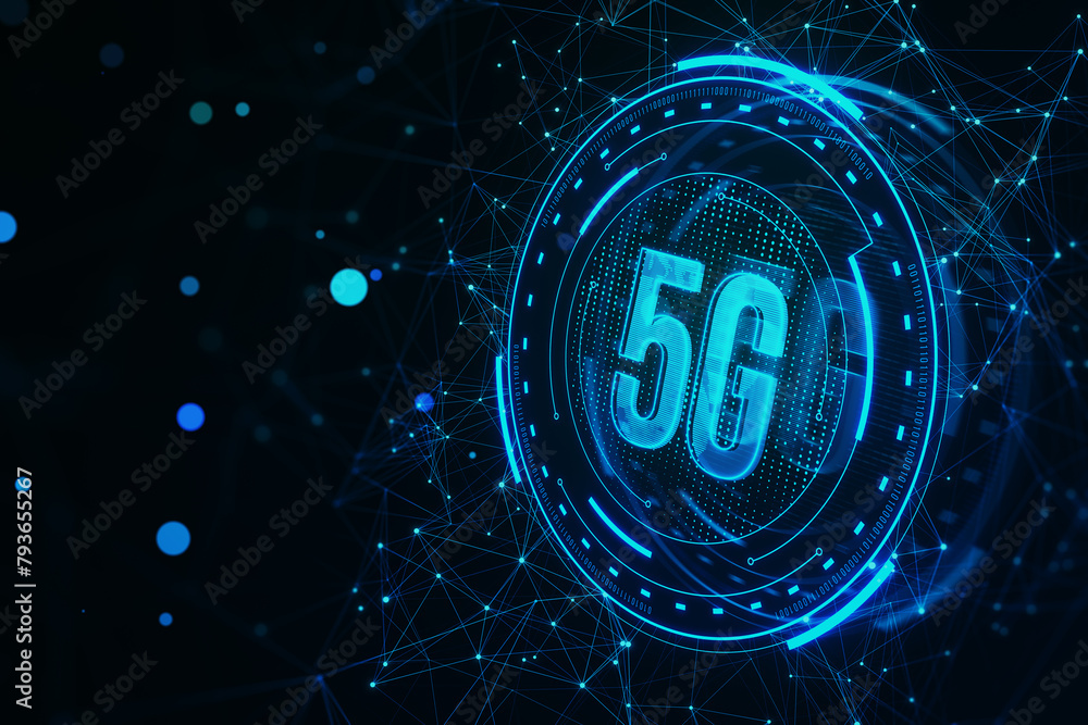 Poster creative glowing polygonal 5g hologram on blurry background. high-speed mobile internet, new generat