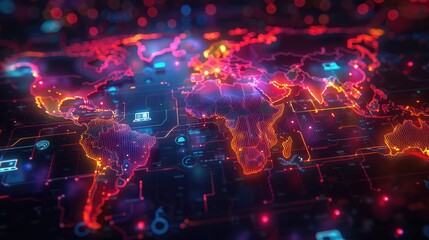 Neon Tech World Vibrant Map of Innovation and Development