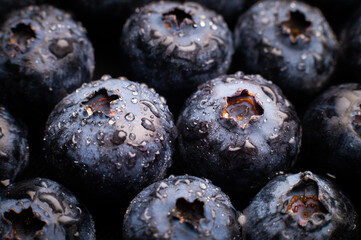 Ripe sweet blueberries. Fresh blueberries background. Vegan and vegetarian concept. Macrotexture of...